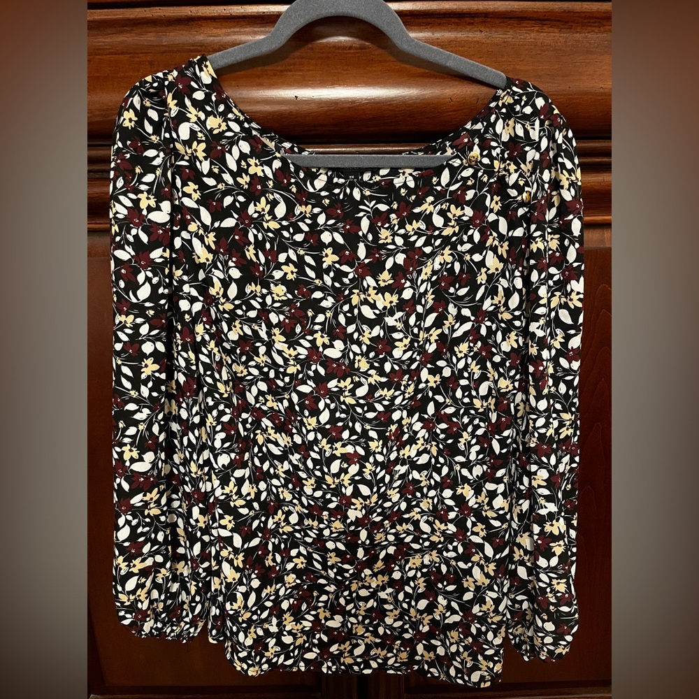 Zac & Rachel Woman Black Brown Tan Ivory Floral Print Long Sleeve Blouse 2X